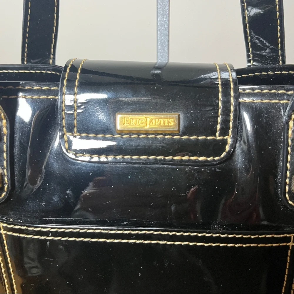 Eric Javits Squishee Black Patent Tote with Gold Hardware